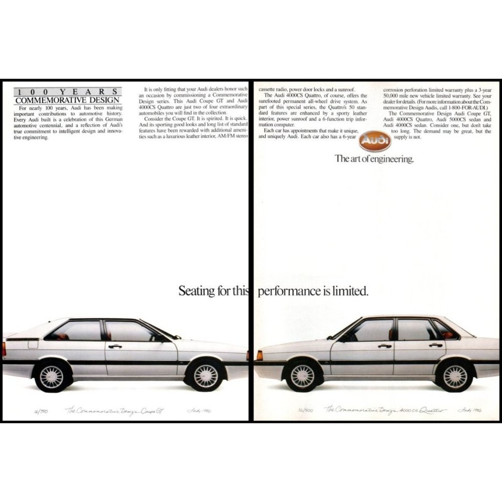 1986 Audi Coupe GT and 4000CS Quattro Sedan 2 Page Vintage Print Ad Wall Art
